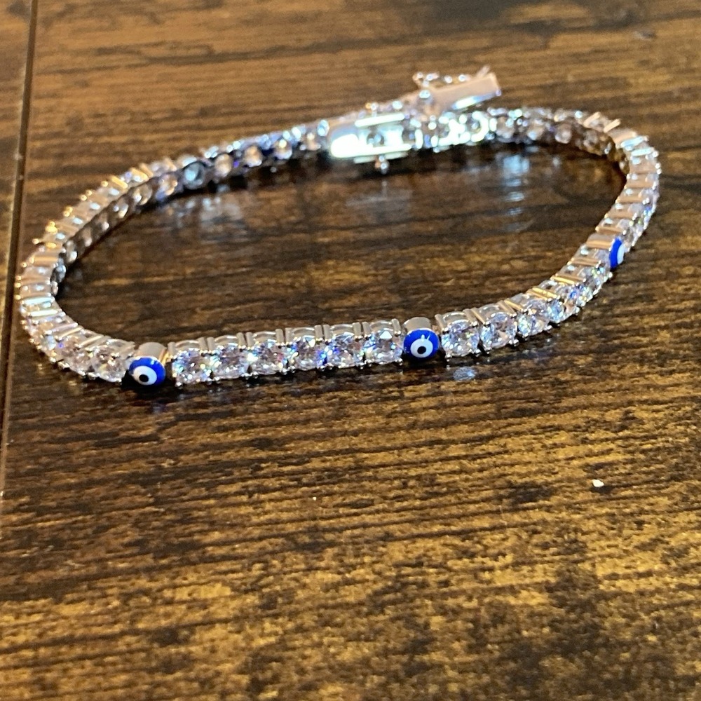 Silver Tone CZ Tennis Bracelet Blue Evil Eye Charm 8in 6mm Crystal